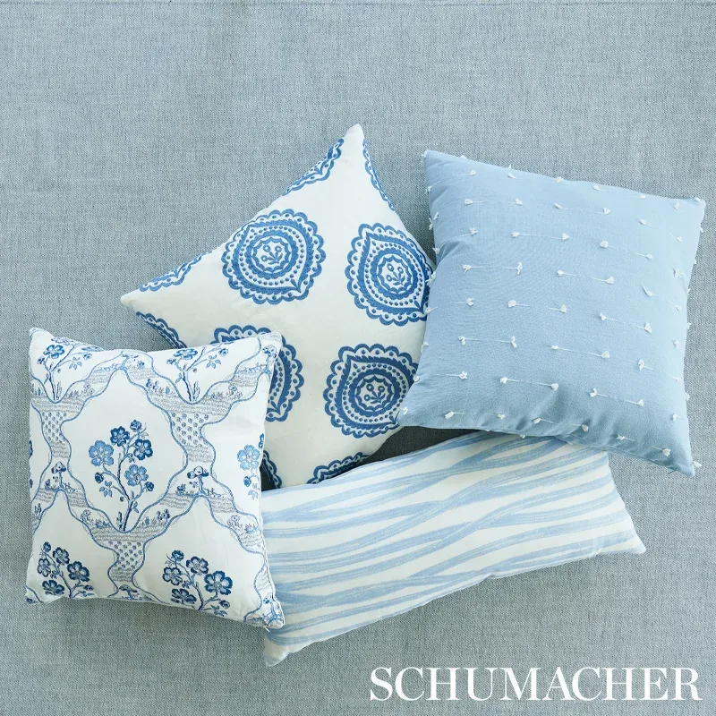 OLANA LINEN EMBROIDERY Fabric – BLUE | Schumacher | Wallpape OLANA LINEN EMBROIDERY fabric BLUE color by Schumacher