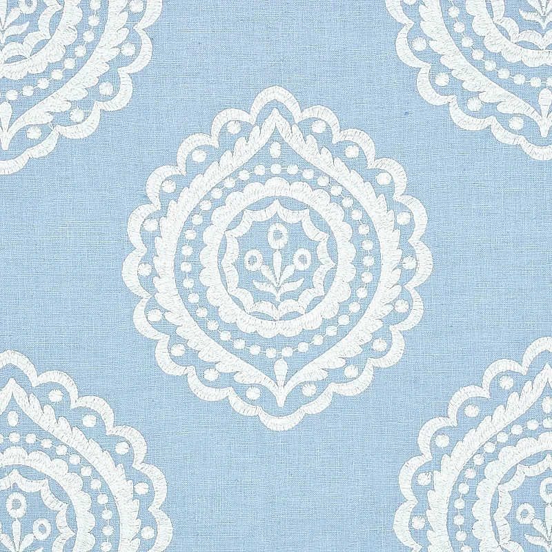OLANA LINEN EMBROIDERY Fabric – SKY | Schumacher | Wallpaper OLANA LINEN EMBROIDERY fabric SKY color by Schumacher