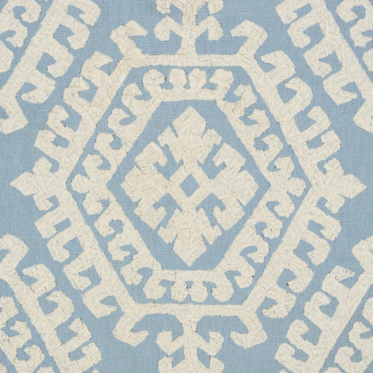 OMAR EMBROIDERY Fabric – SKY | Schumacher | Wallpaper Twins OMAR EMBROIDERY fabric SKY color by Schumacher