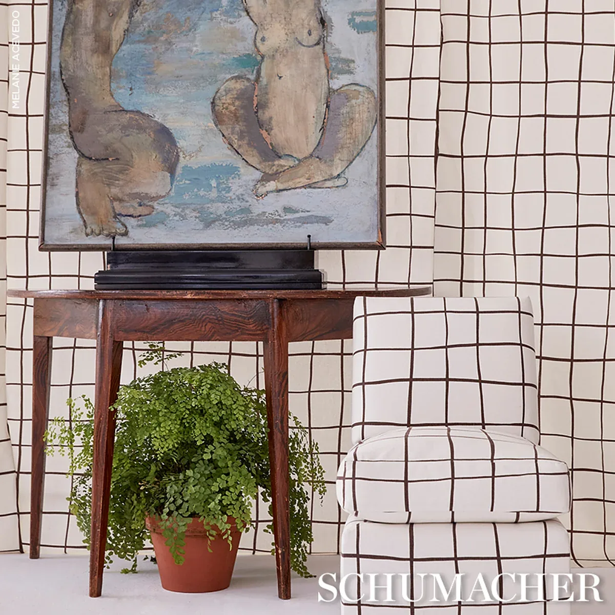 PAINTERLY WINDOWPANE Fabric – BROWN | Schumacher | Wallpaper PAINTERLY WINDOWPANE fabric BROWN color by Schumacher