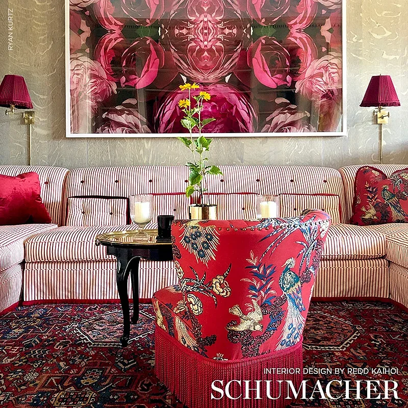 PEACOCK fabric RED color by Schumacher