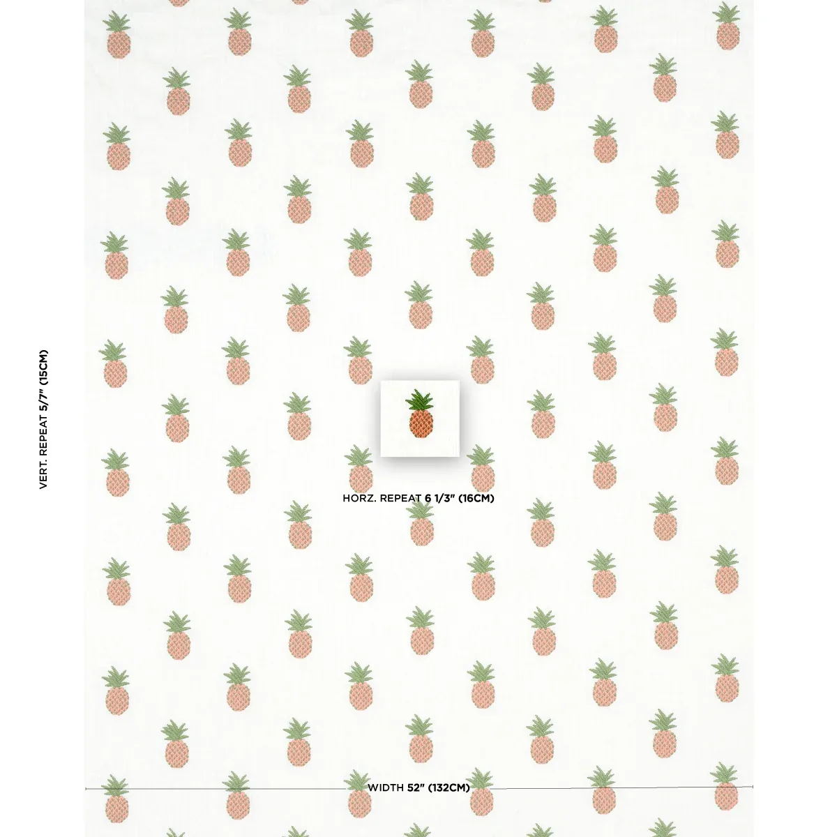 PINEAPPLE EMBROIDERY fabric APRICOT ON IVORY color by Schumacher