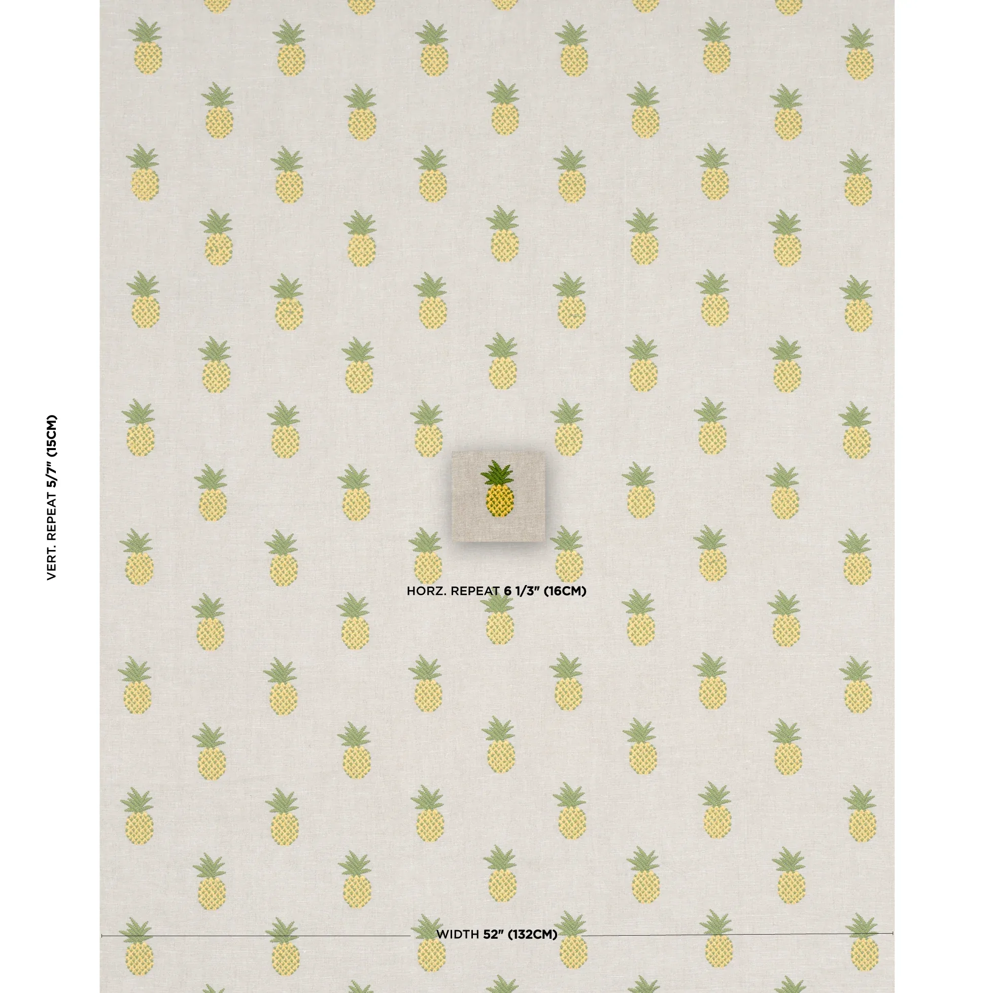PINEAPPLE EMBROIDERY fabric GREEN ON NATURAL color by Schumacher