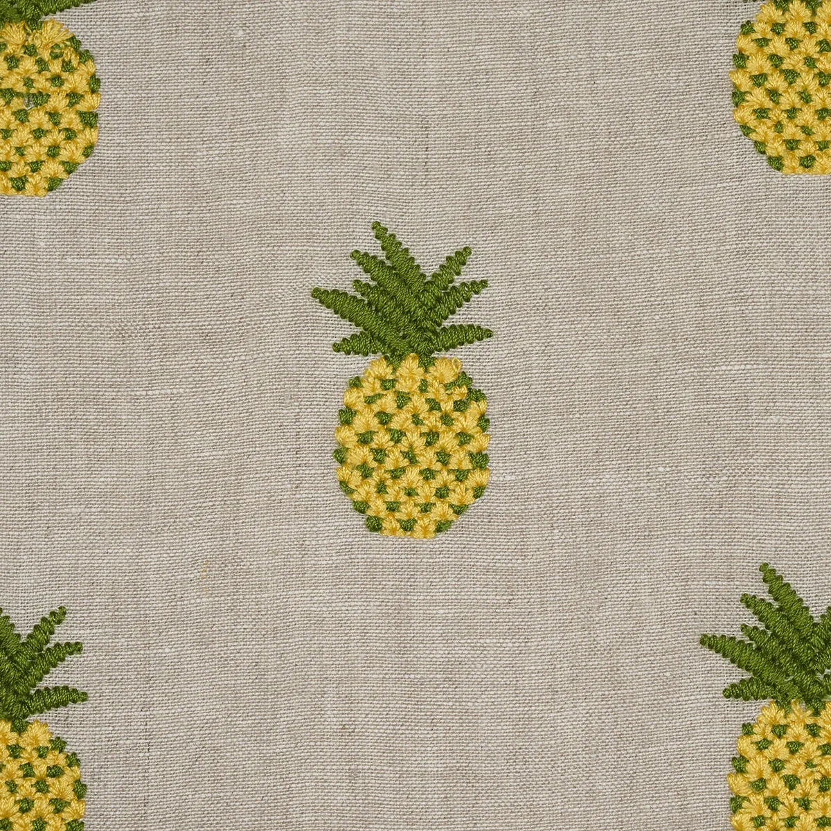 PINEAPPLE EMBROIDERY fabric GREEN ON NATURAL color by Schumacher