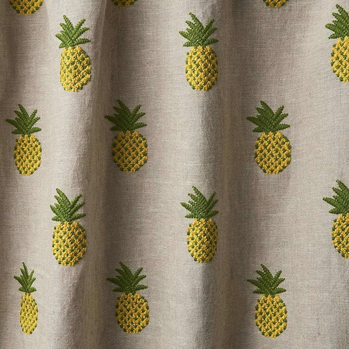 PINEAPPLE EMBROIDERY fabric GREEN ON NATURAL color by Schumacher