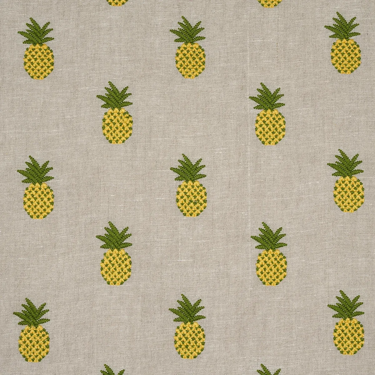 PINEAPPLE EMBROIDERY fabric GREEN ON NATURAL color by Schumacher