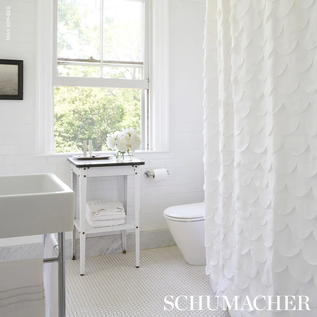 PREP SCHOOL HAND PIECED SCALLOP fabric WHITE color by Schumacher