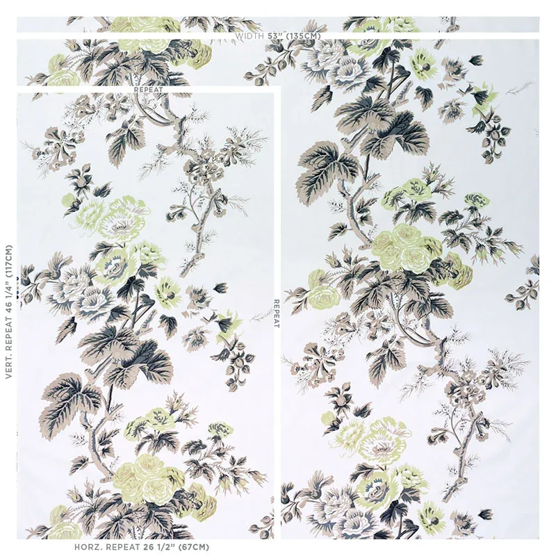 PYNE HOLLYHOCK Fabric – GREEN TEA | Schumacher | Wallpaper T PYNE HOLLYHOCK fabric GREEN TEA color by Schumacher