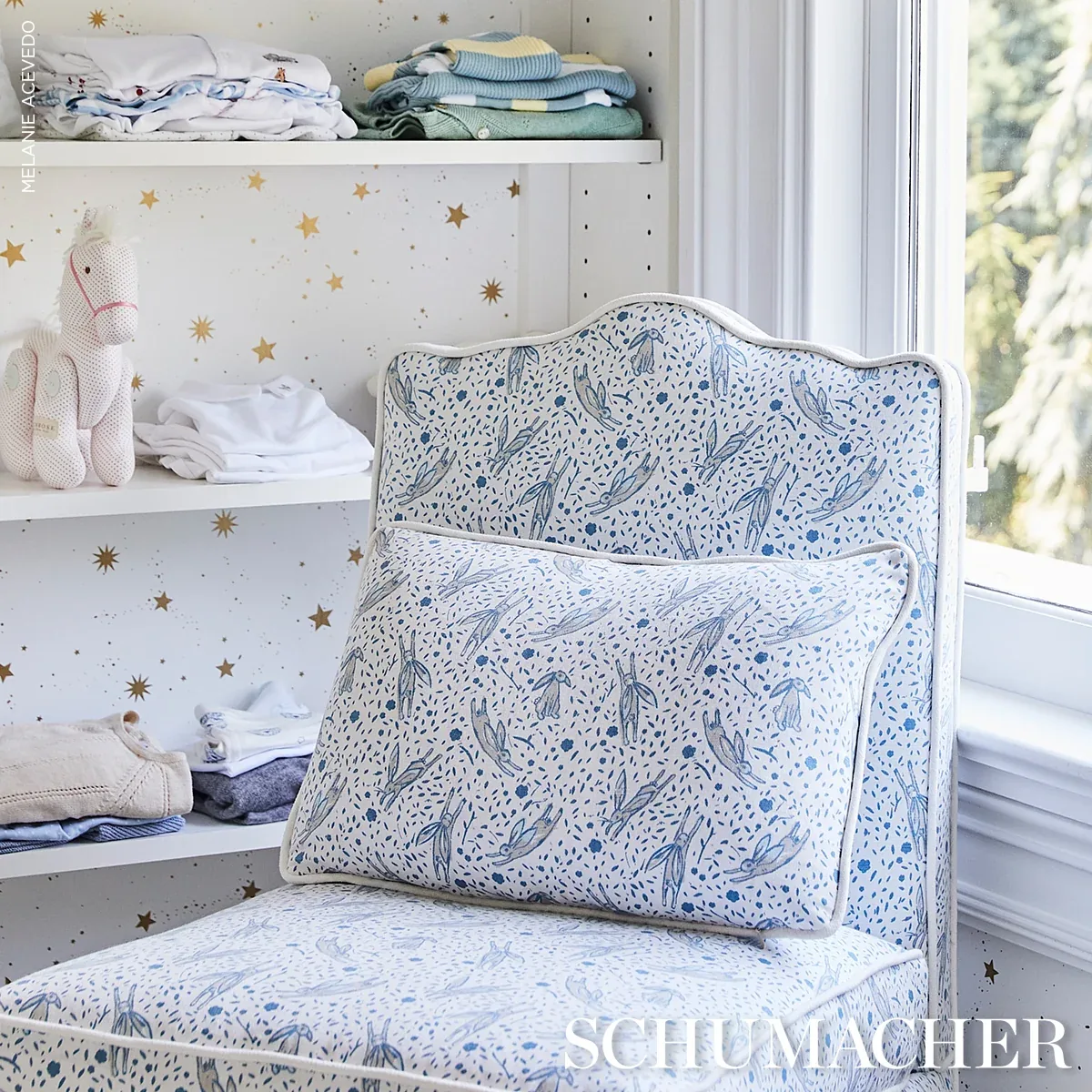 RABBIT HIGH PERFORMANCE PRINT fabric BLUE color by Schumacher