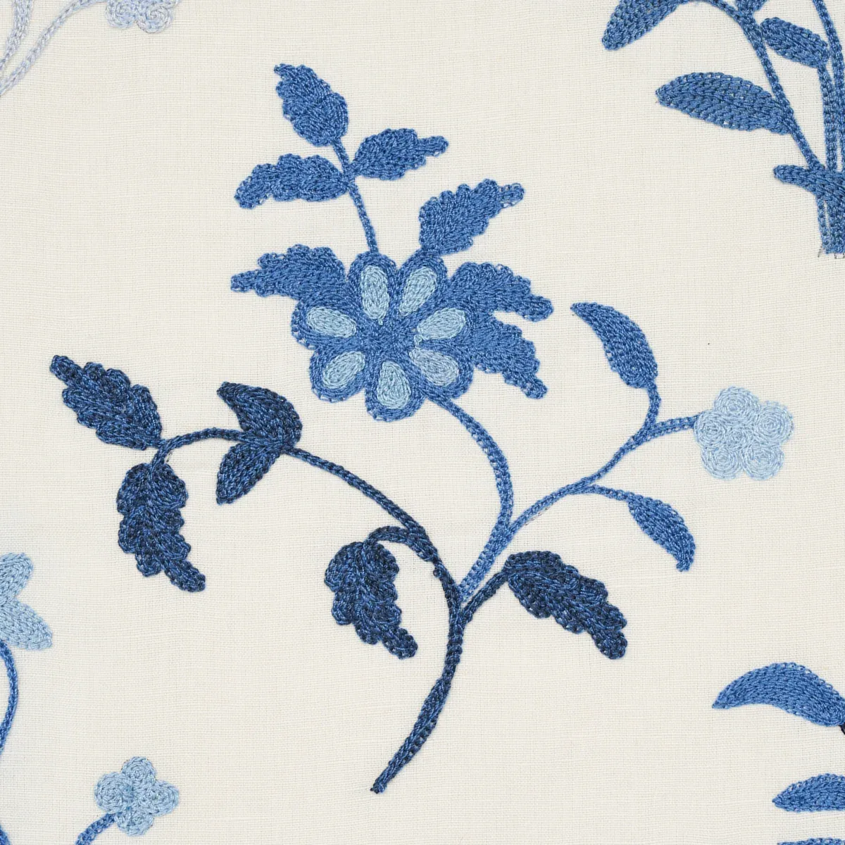 Raleigh Crewel Embroidery fabric CORNFLOWER color by Schumacher