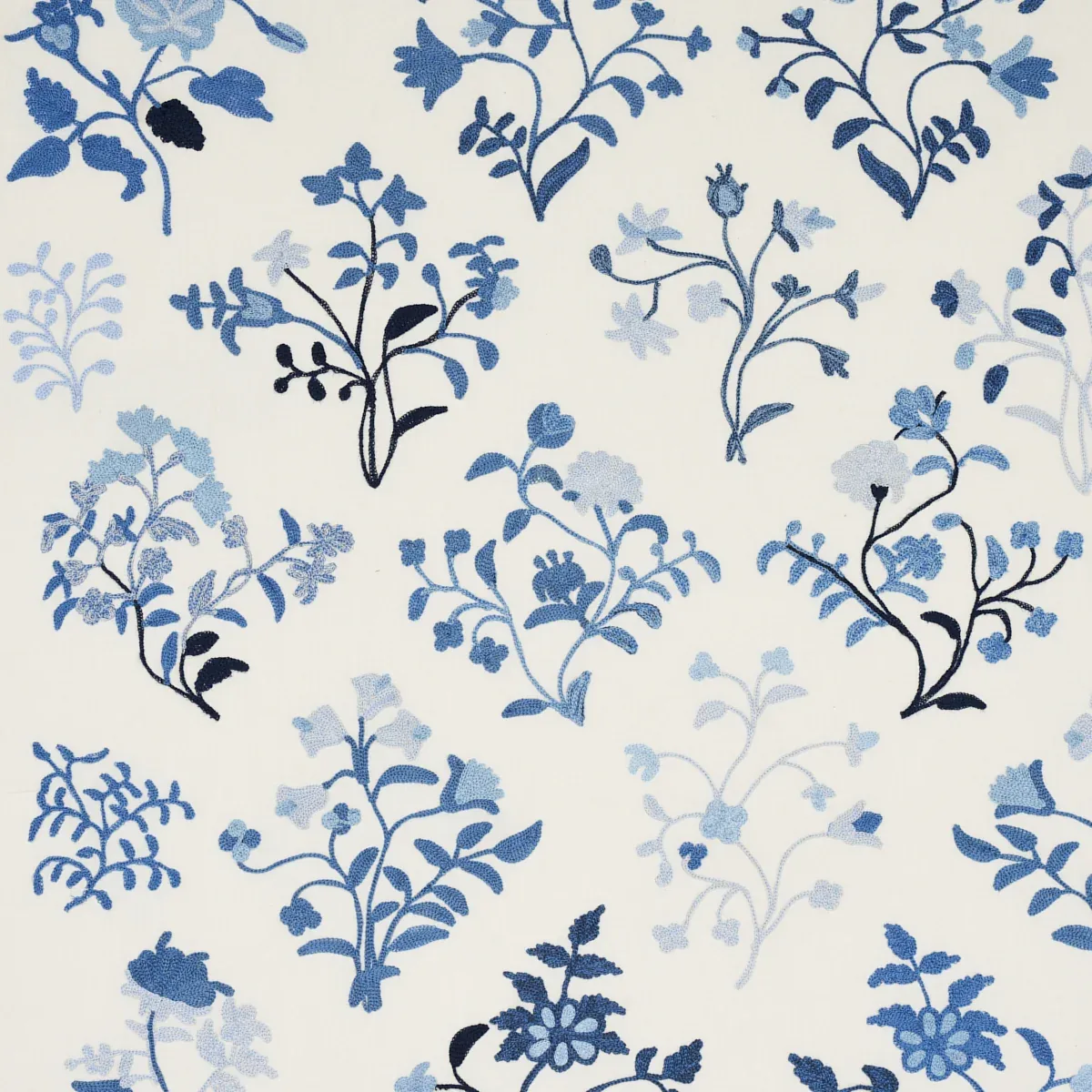 Raleigh Crewel Embroidery fabric CORNFLOWER color by Schumacher