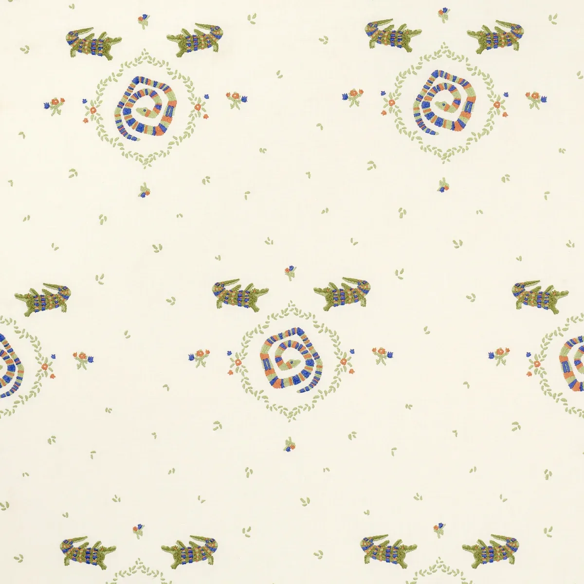 REPTILIA EMBROIDERY fabric BRIGHT MULTI ON IVORY color by Schumacher
