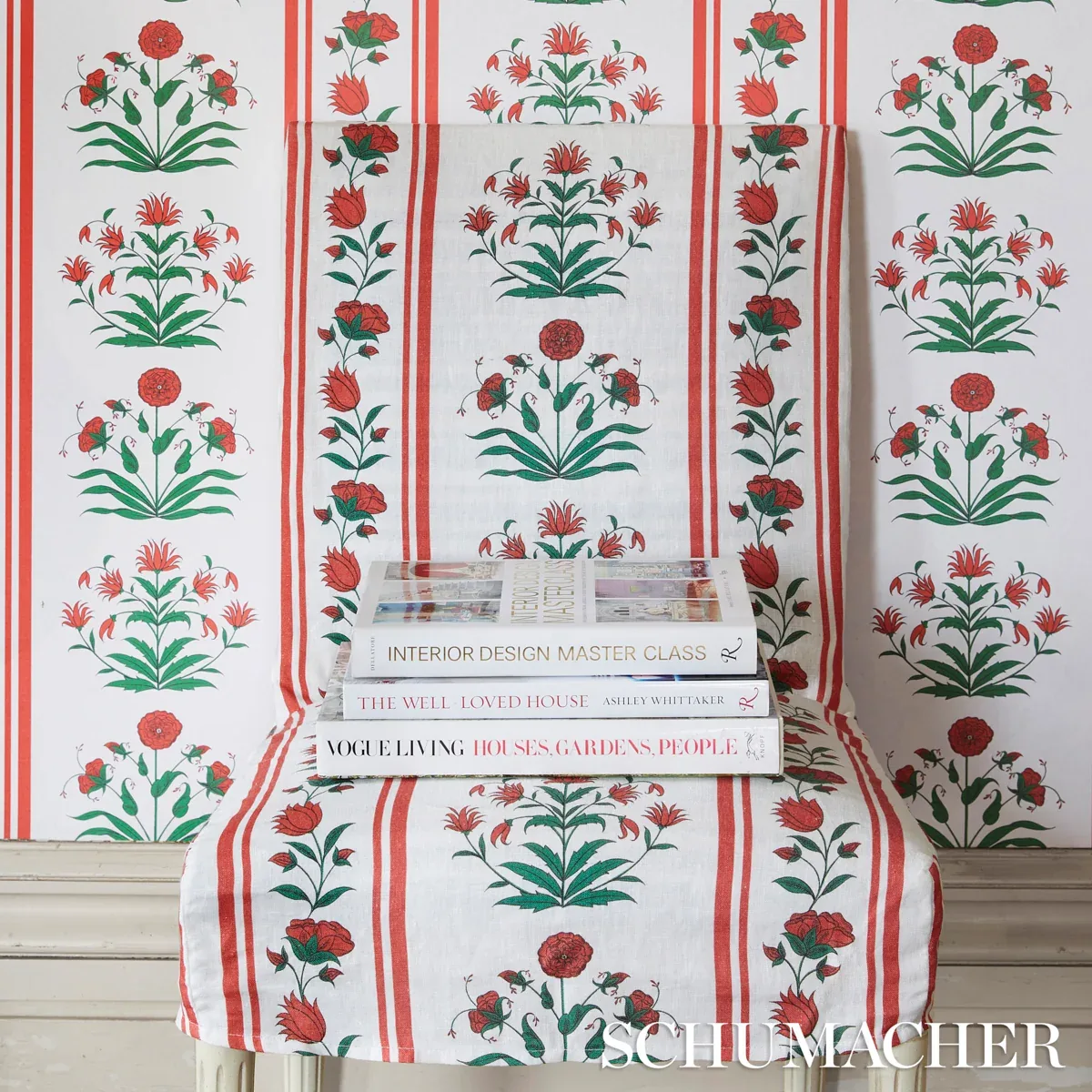 ROYAL POPPY STRIPE fabric RED color by Schumacher