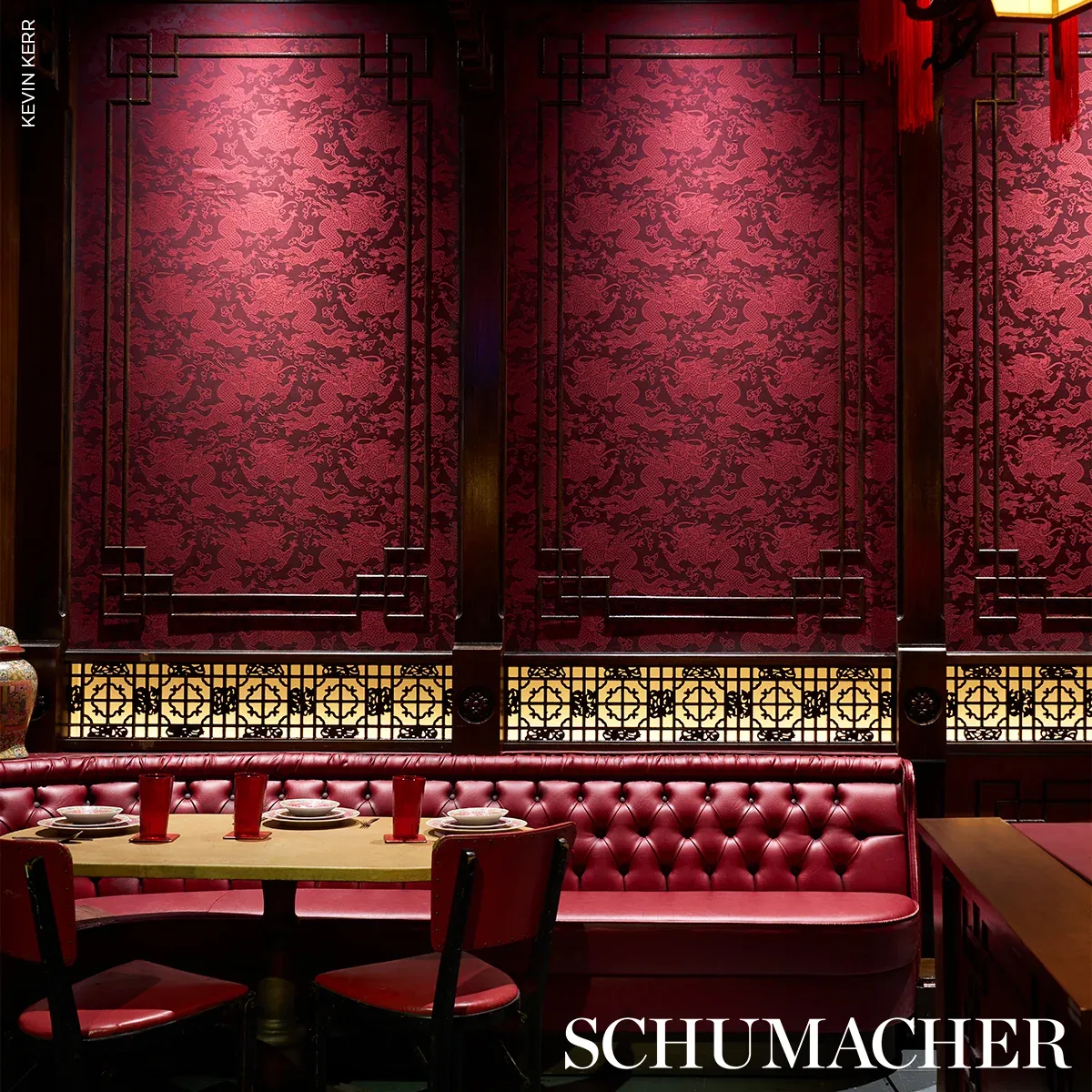 RUAN DRAGON DAMASK Fabric – GARNET | Schumacher | Wallpaper RUAN DRAGON DAMASK fabric GARNET color by Schumacher