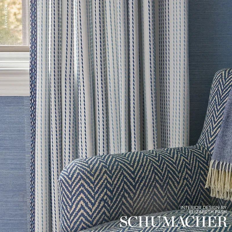 RUNNING STITCH Fabric – BLUES | Schumacher | Wallpaper Twins RUNNING STITCH fabric BLUES color by Schumacher