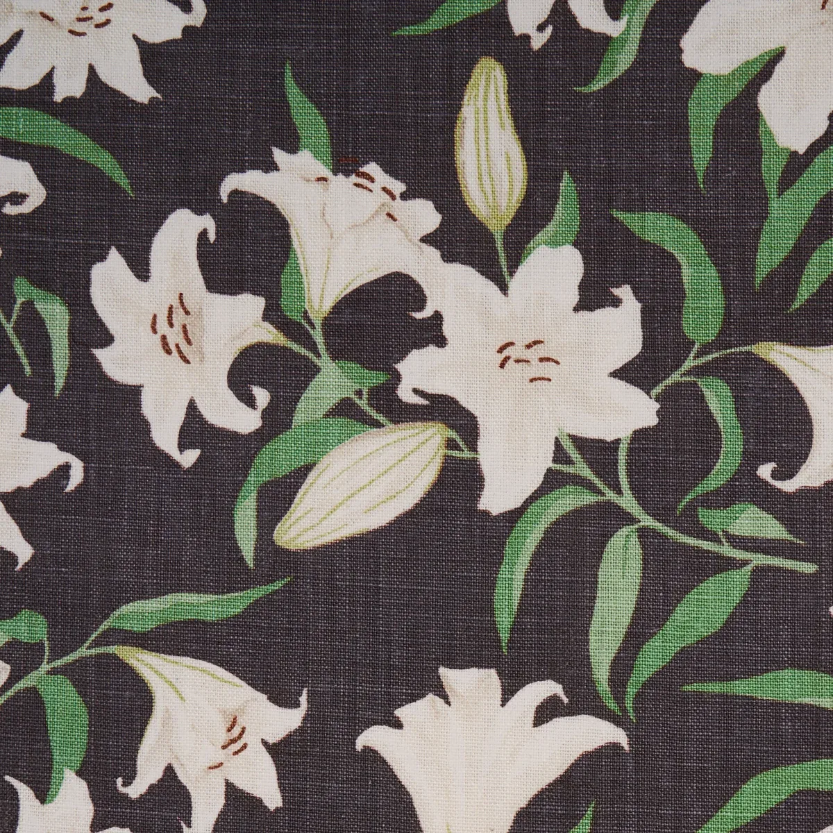 SCATTERED LILIES Fabric – CHARCOAL | Schumacher | Wallpaper SCATTERED LILIES fabric CHARCOAL color by Schumacher