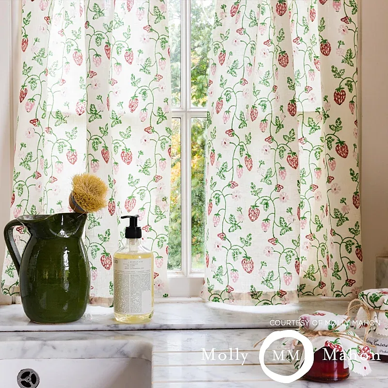 Strawberry Hand Block Print fabric GRASS color by Schumacher
