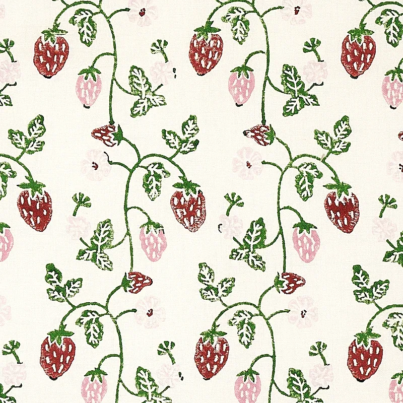 Strawberry Hand Block Print fabric GRASS color by Schumacher