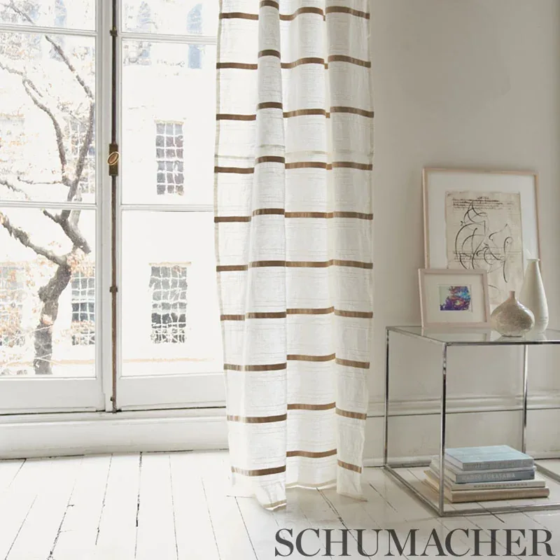 STRIPE APPLIQUÉ SHEER fabric TAN color by Schumacher