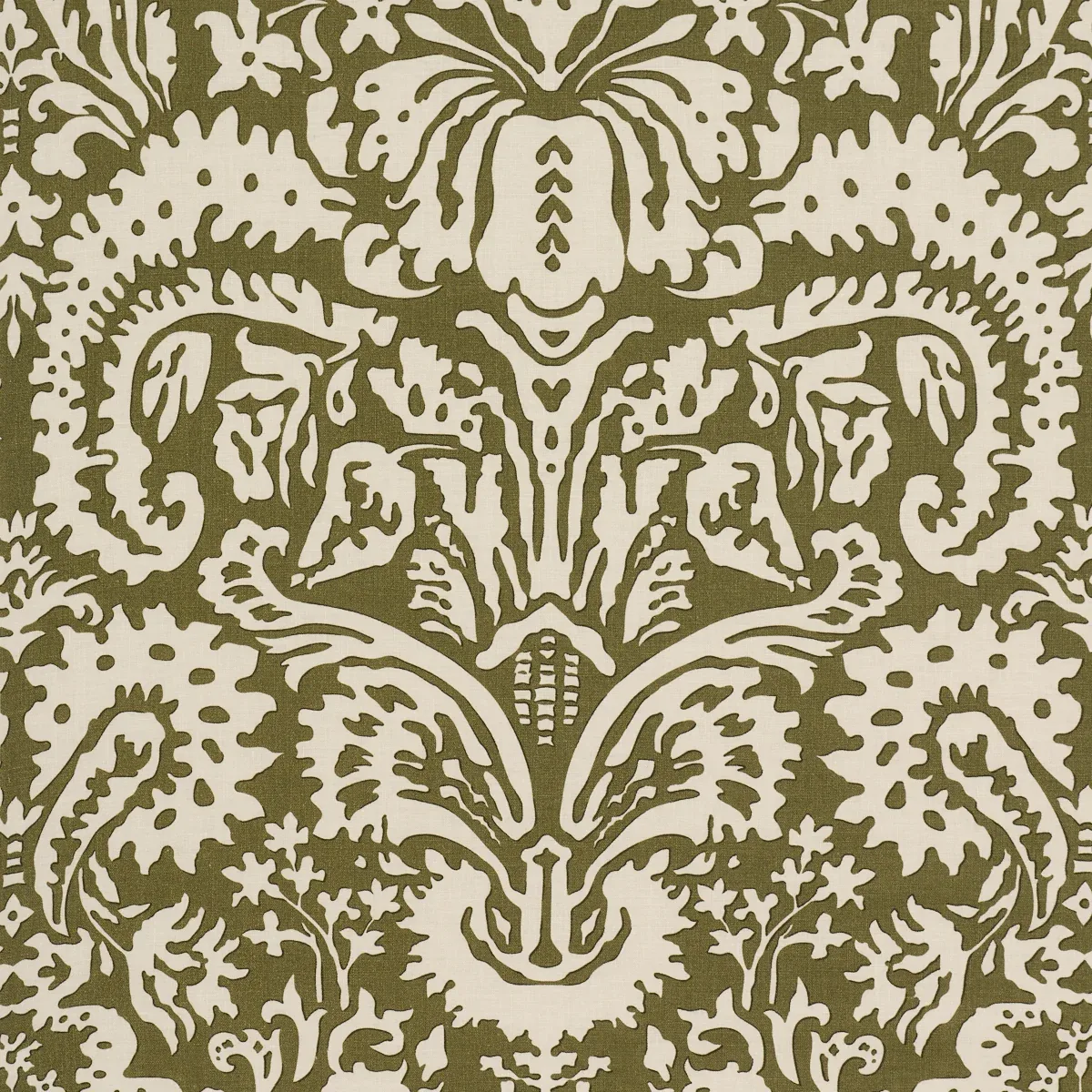 SUFFOLK DAMASK fabric OLIVE color by Schumacher
