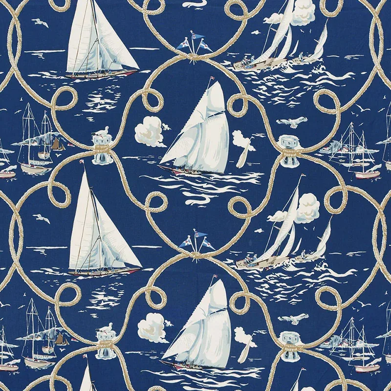 SUMMER REGATTA LINEN PRINT fabric NAVY color by Schumacher