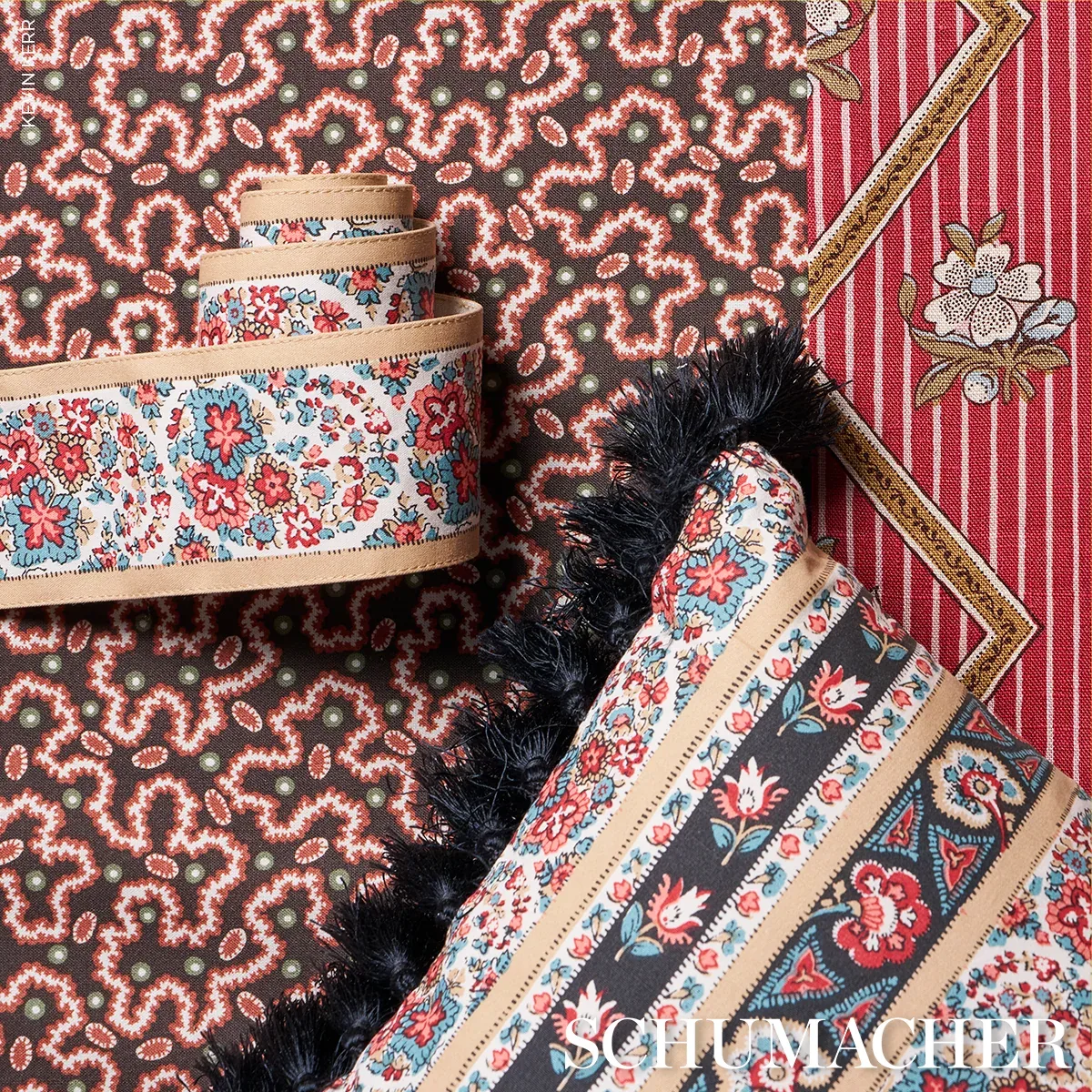 SYLVAIN FLORAL STRIPE Fabric – ROUGE | Schumacher | Wallpape SYLVAIN FLORAL STRIPE fabric ROUGE color by Schumacher