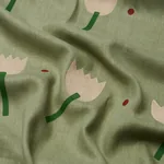 TULIP PLAY HAND BLOCK PRINT fabric PEACH ON SAGE color by Schumacher