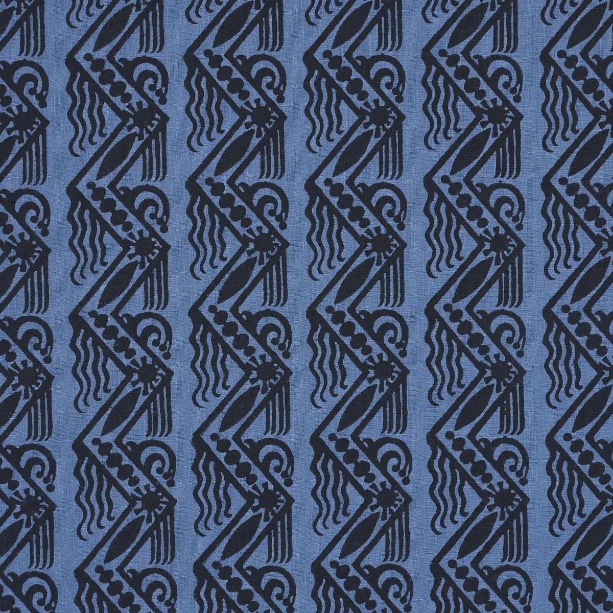 VENETIAN ZIG ZAG BLOCK PRINT fabric BLACK ON BLUE color by Schumacher