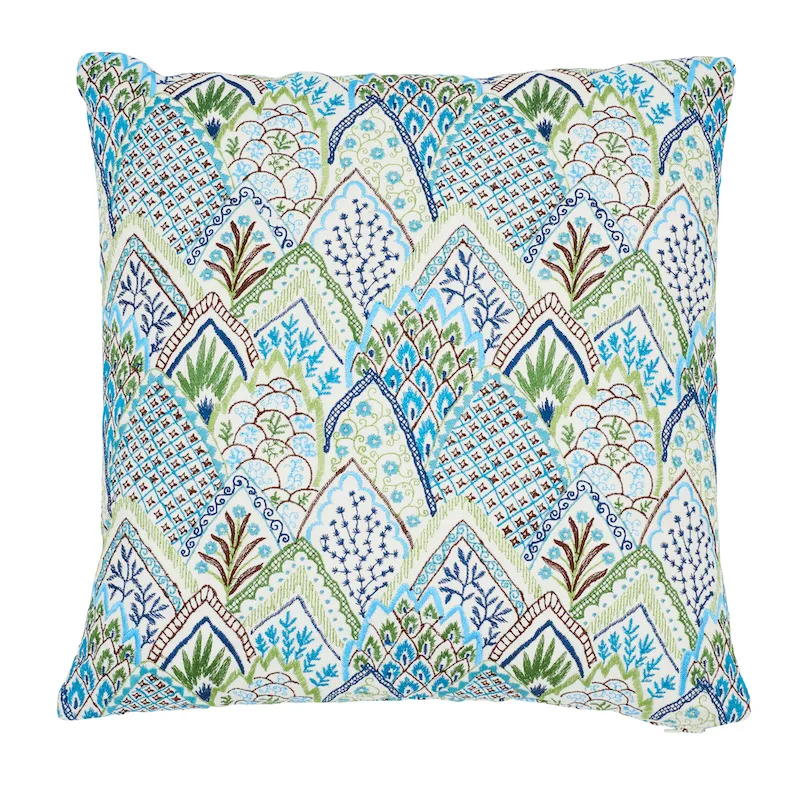 Schumacher Albizia Embroidery Pillow in Blue & Green