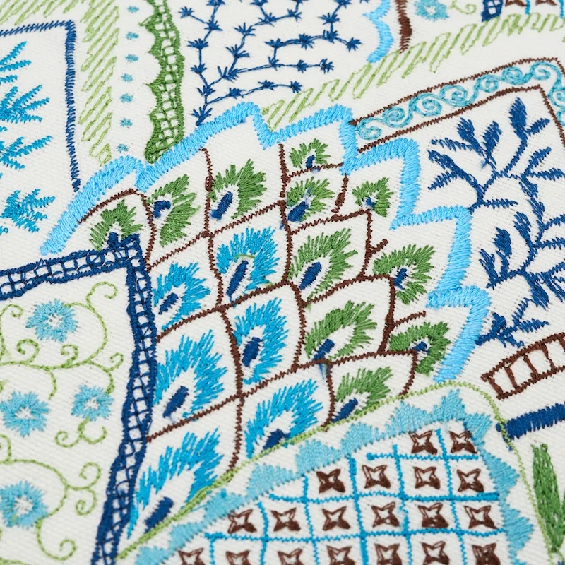 Schumacher Albizia Embroidery Pillow in Blue & Green