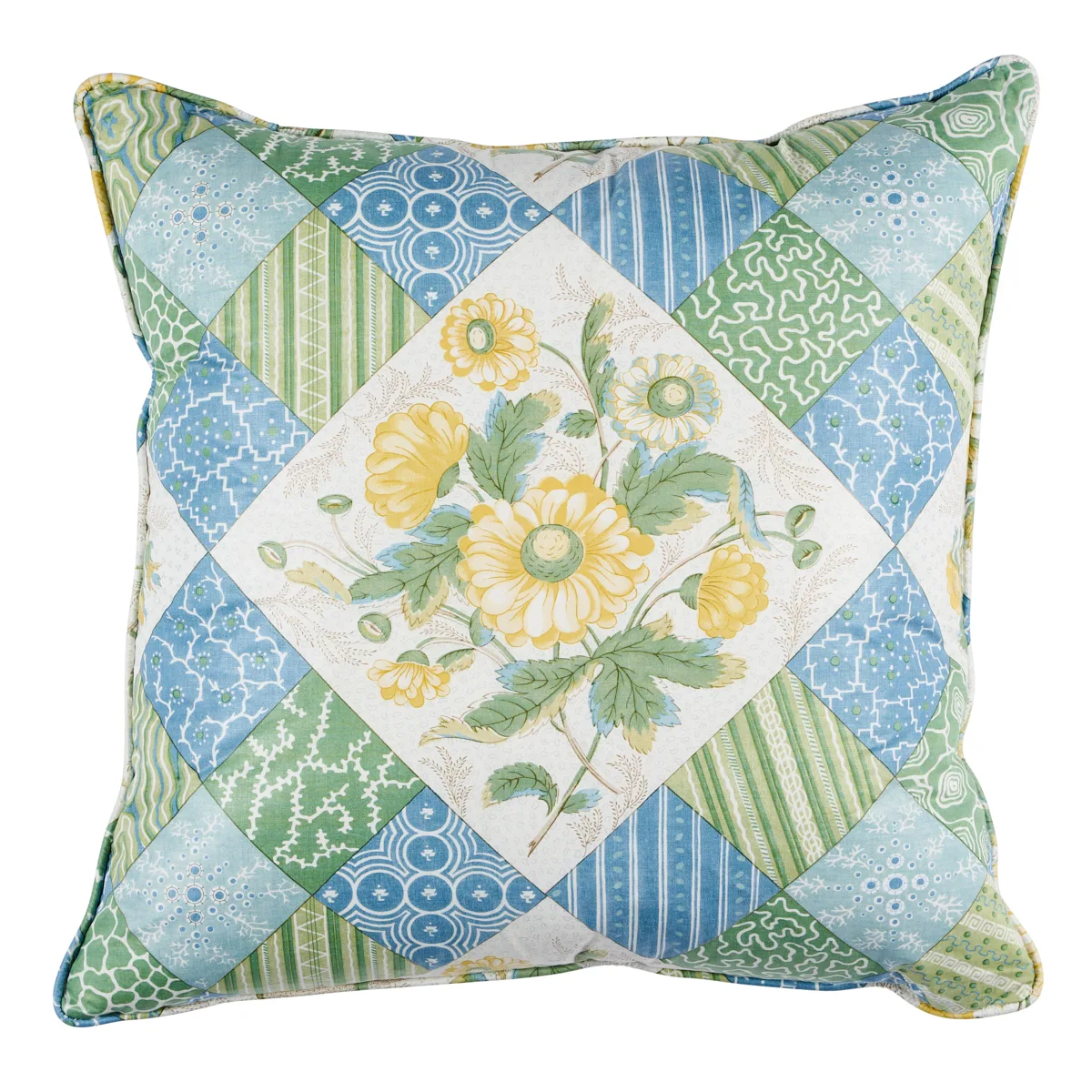 Schumacher Caldwell Patchwork 20" Pillow in Yellow & Cornflower (SO18012005)