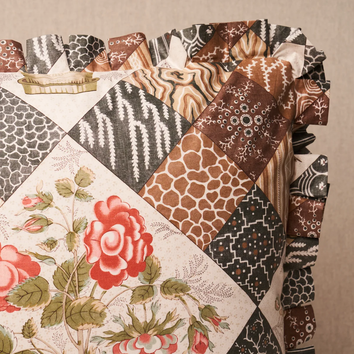 Schumacher Caldwell Patchwork Chintz Pillow in Rose and Chocolate (SO18012204)