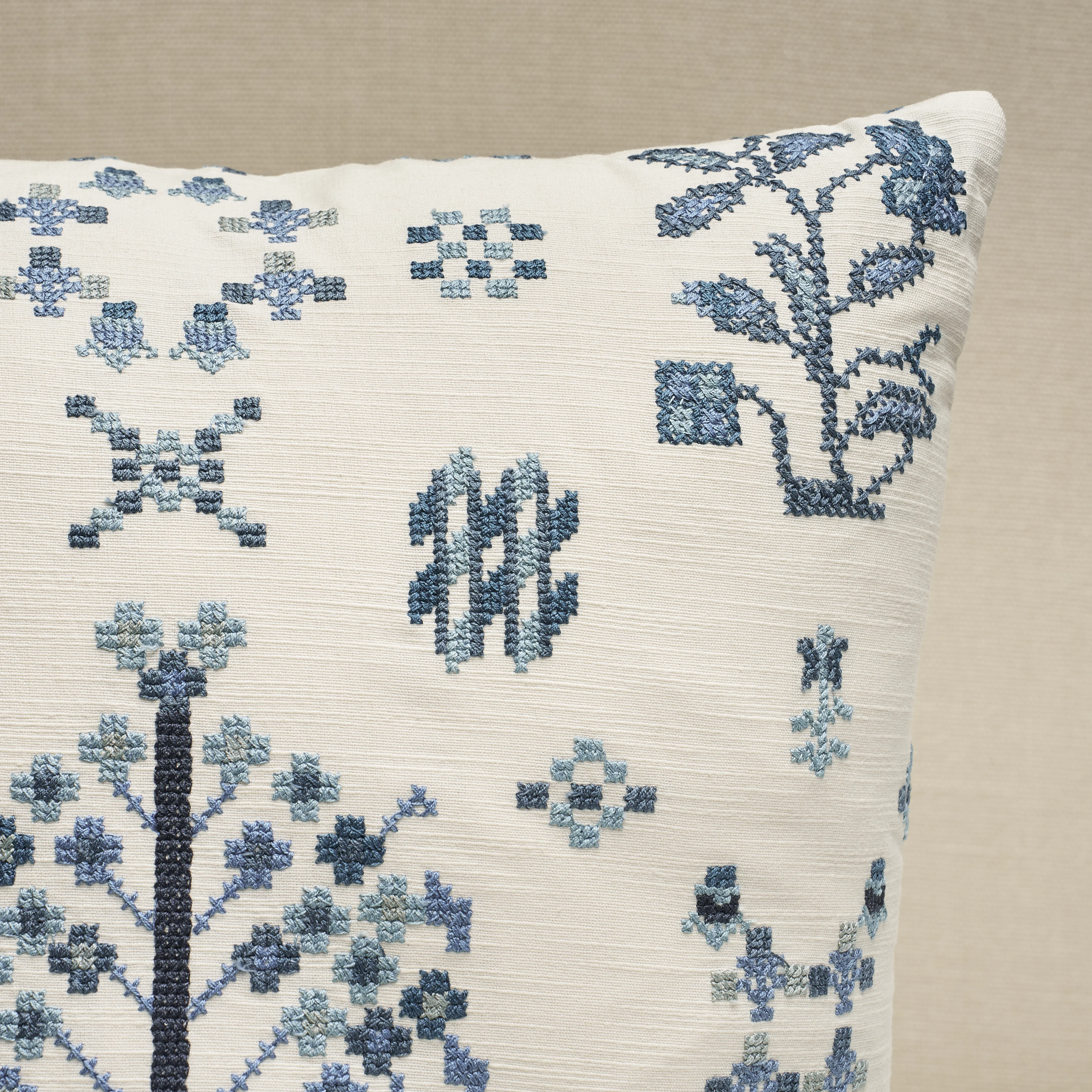 Schumacher Fairview Cross Stitch Pillow in Indigo