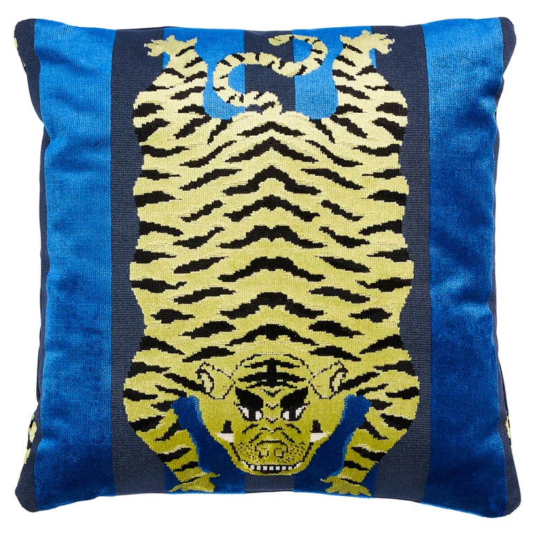Schumacher Jokhang Tiger Velvet Pillow in Blue
