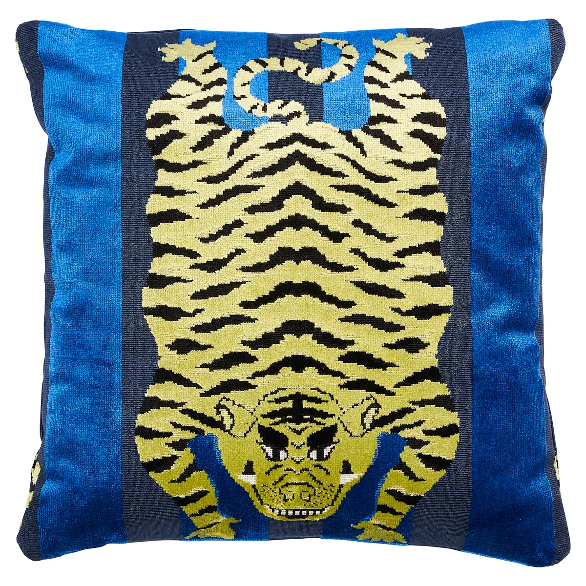 Schumacher Jokhang Tiger Velvet Pillow in Blue