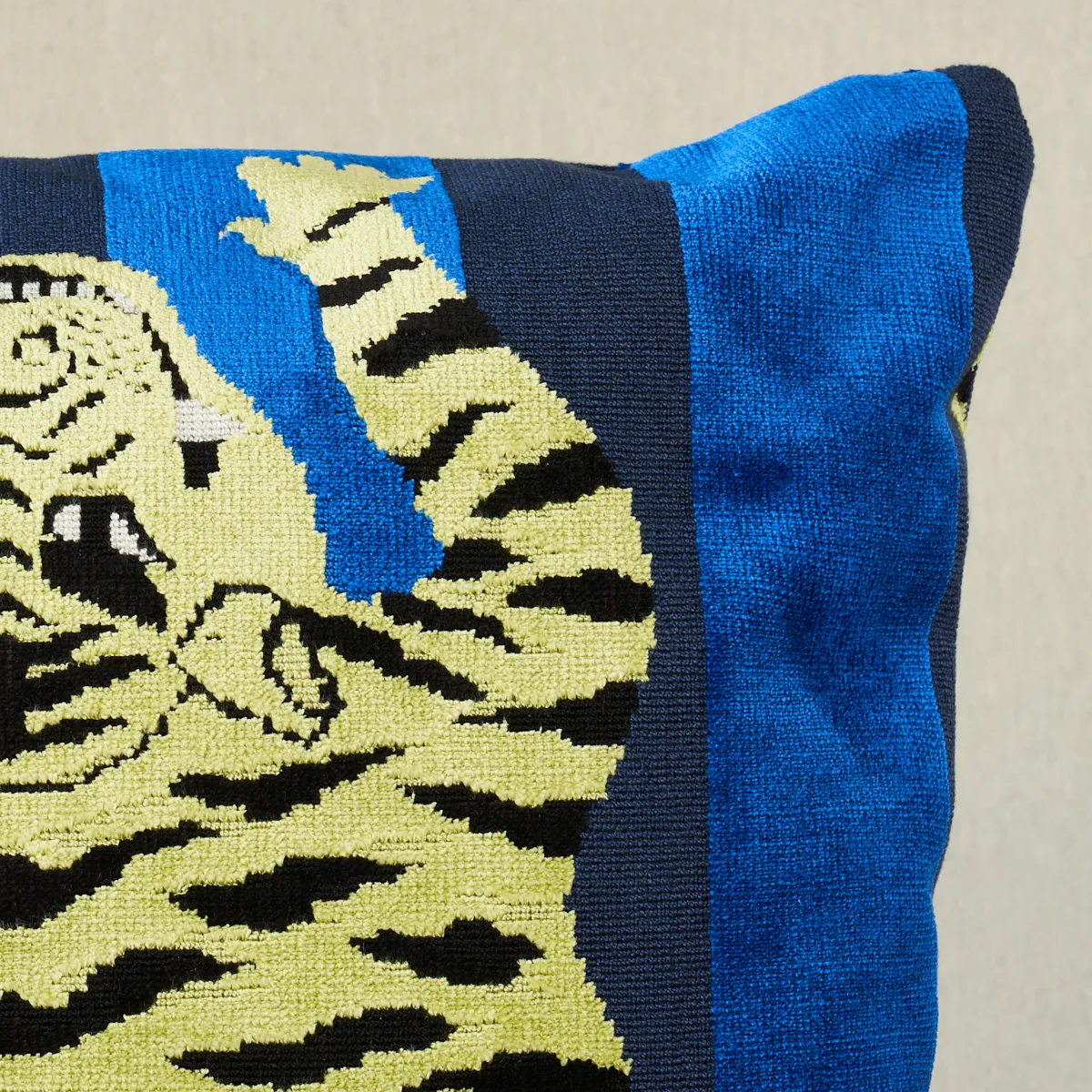 Schumacher Jokhang Tiger Velvet Pillow in Blue