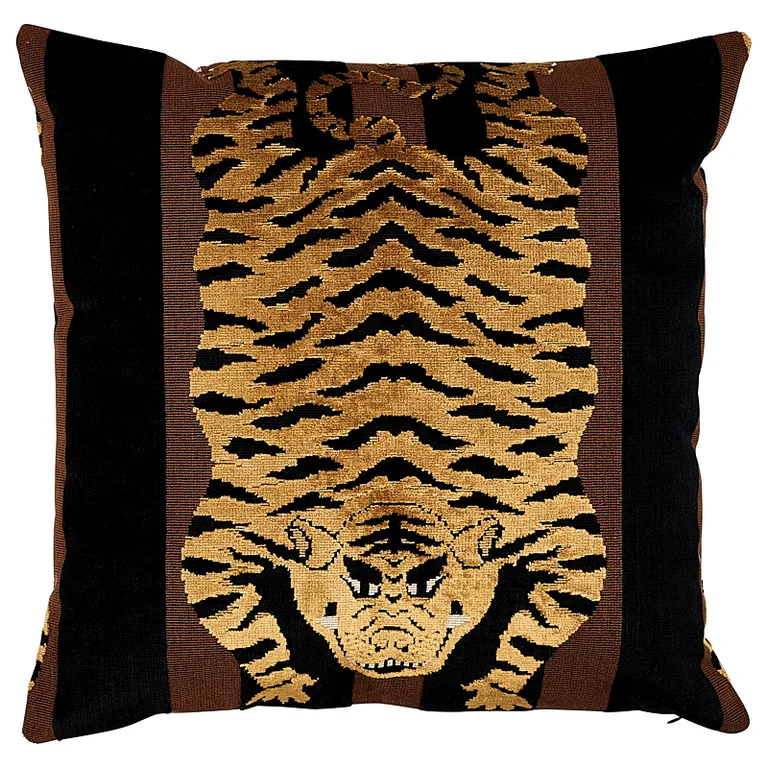 Schumacher Jokhang Tiger Velvet Pillow in Brown & Black