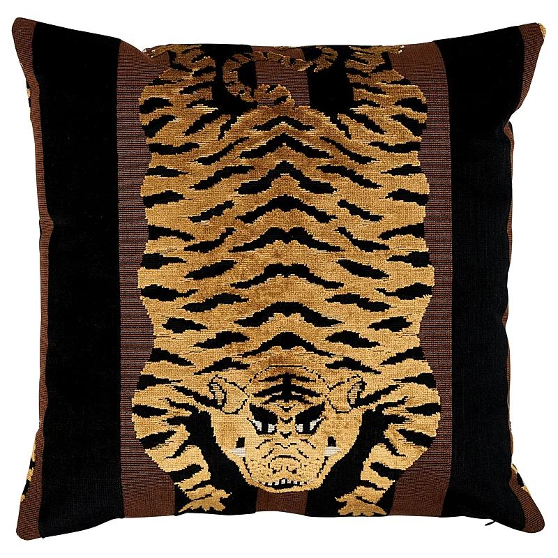 Schumacher Jokhang Tiger Velvet Pillow in Brown & Black