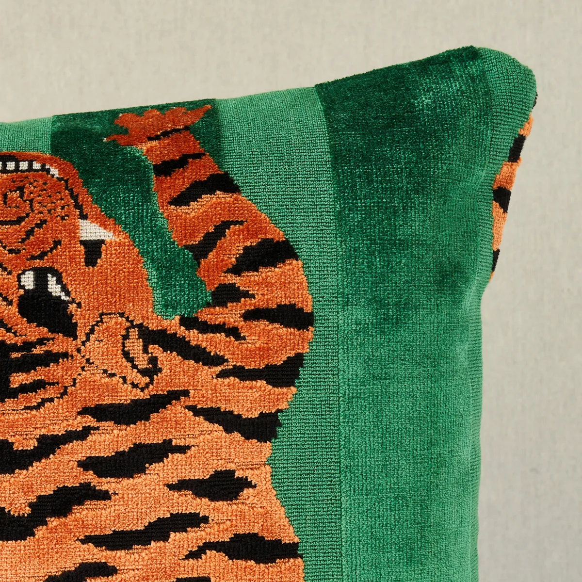 Schumacher Jokhang Tiger Velvet Pillow in Green