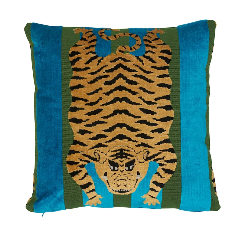 Schumacher Jokhang Tiger Velvet Pillow in Peacock & Olive