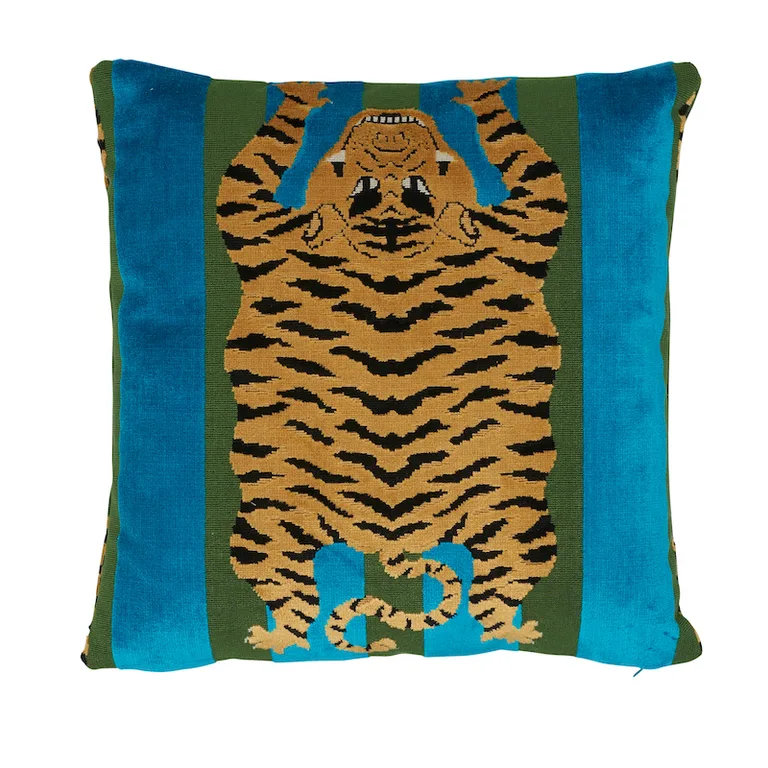 Schumacher Jokhang Tiger Velvet Pillow in Peacock & Olive