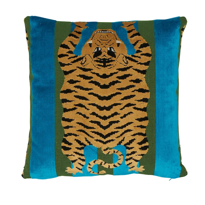 Schumacher Jokhang Tiger Velvet Pillow in Peacock & Olive