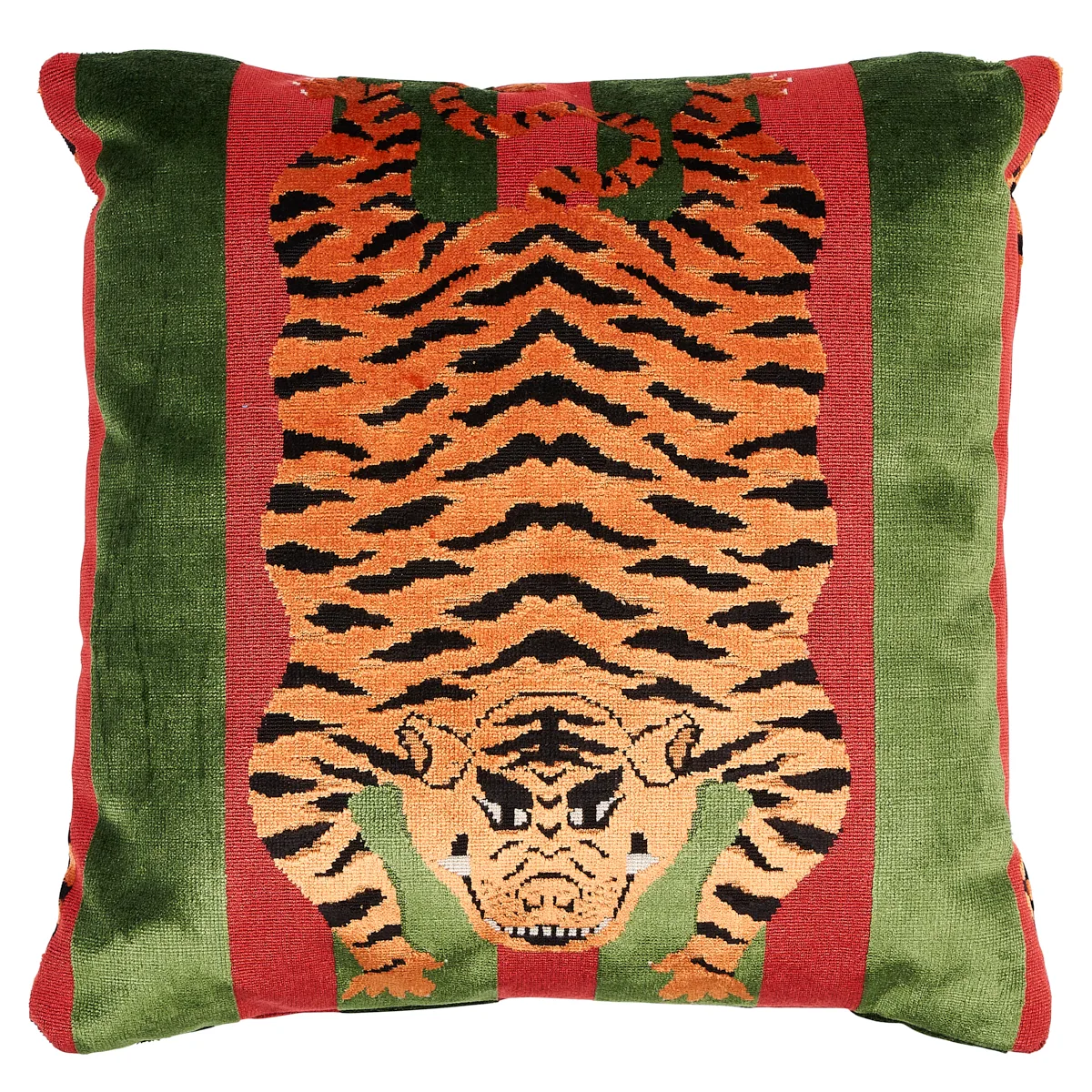 Schumacher Jokhang Tiger Velvet Pillow in Red & Green