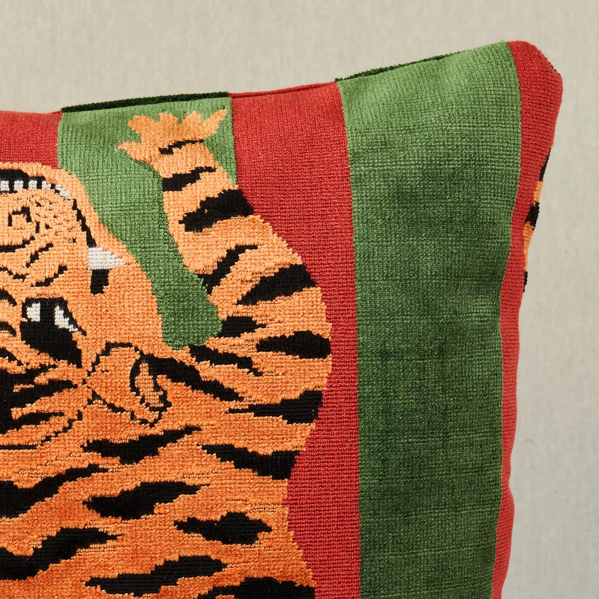 Schumacher Jokhang Tiger Velvet Pillow in Red & Green