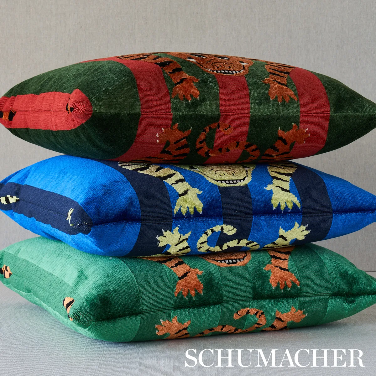 Jokhang Tiger Velvet Pillow - Red & Green Schumacher Jokhang Tiger Velvet Pillow in Red & Green