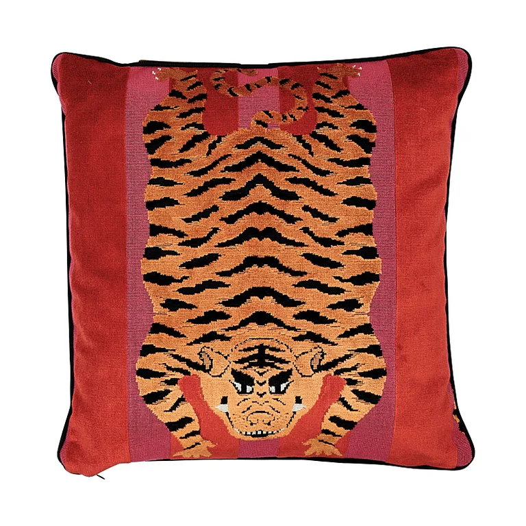Schumacher Jokhang Tiger Velvet Pillow in Red & Pink