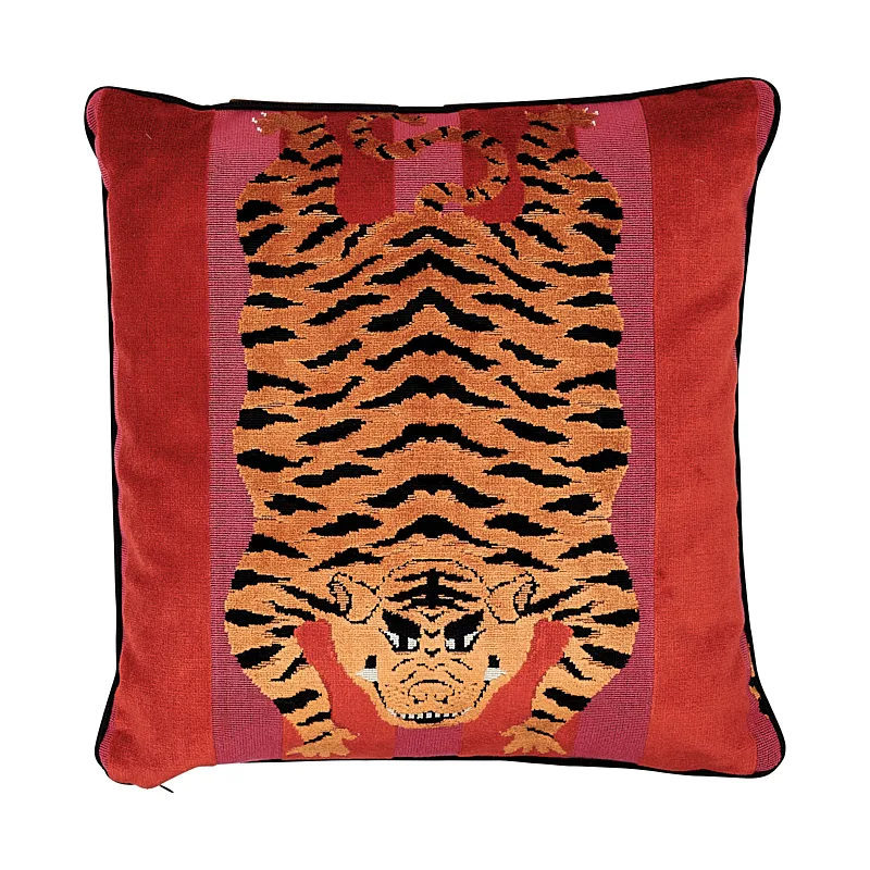 Schumacher Jokhang Tiger Velvet Pillow in Red & Pink