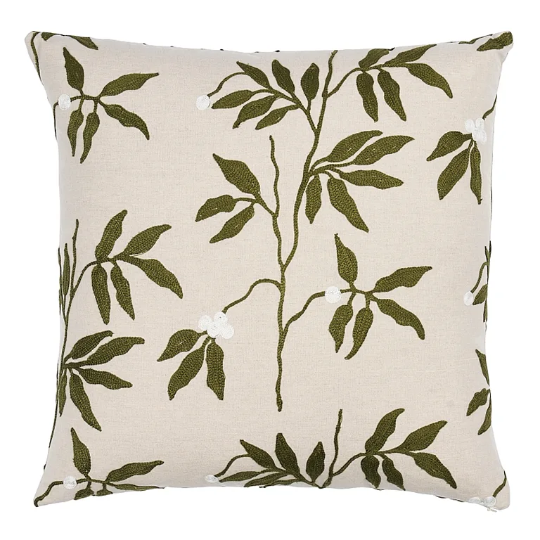 Schumacher Lilla Embroidery Pillow in Olive on Neutral (SO8043005)