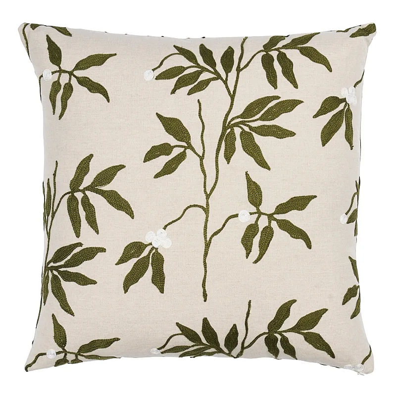 Schumacher Lilla Embroidery Pillow in Olive on Neutral (SO8043005)