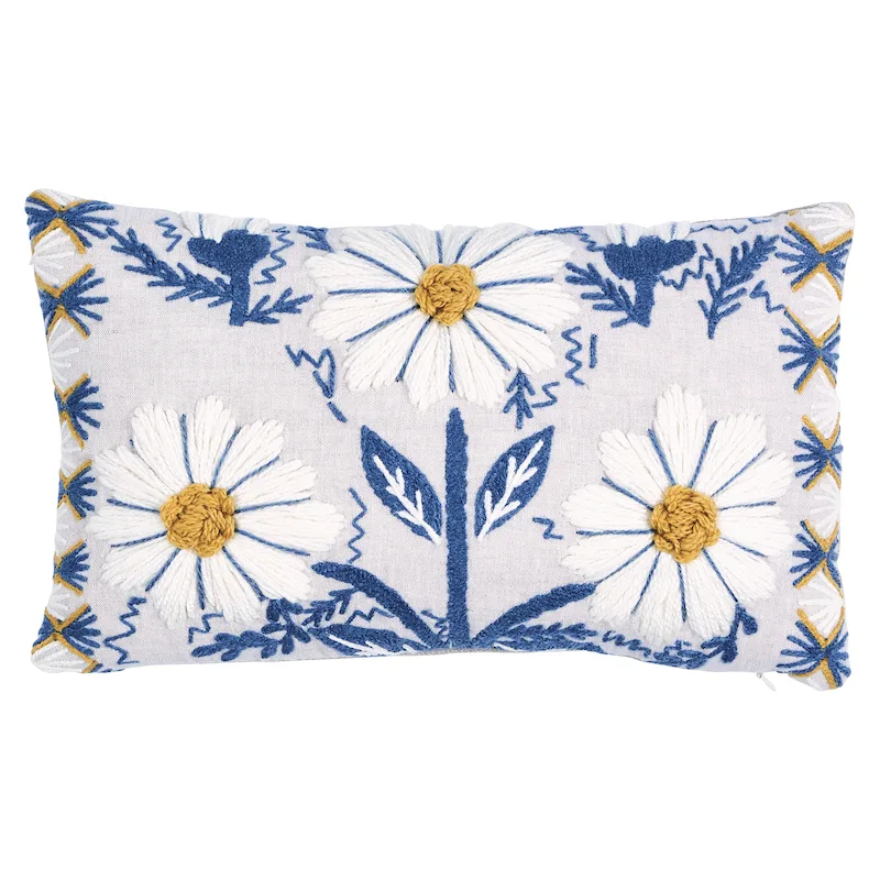 Schumacher Marguerite Embroidery Pillow a in Blue & Ochre (SO723320109)